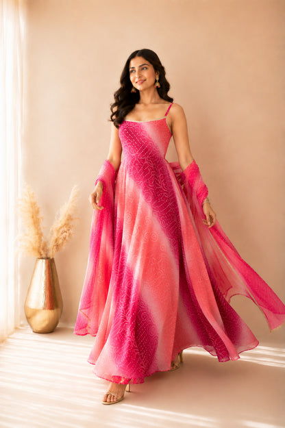ALORIA OMBRE PINK BANDHEJ ANARKALI SET