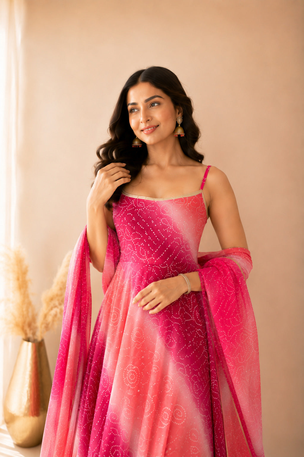 ALORIA OMBRE PINK BANDHEJ ANARKALI SET