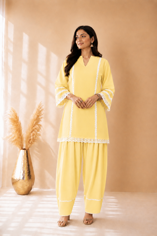 ZEIN BUTTER YELLOW COTTON DETAILED FARSHI SET