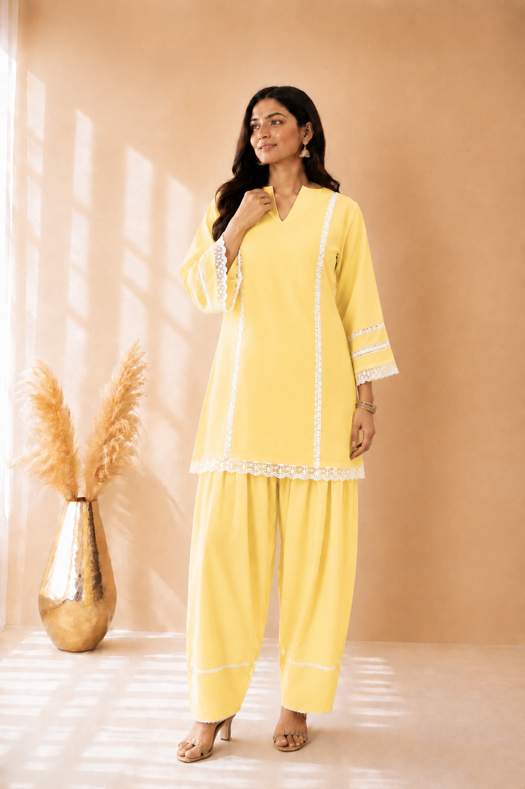 ZEIN BUTTER YELLOW COTTON DETAILED FARSHI SET