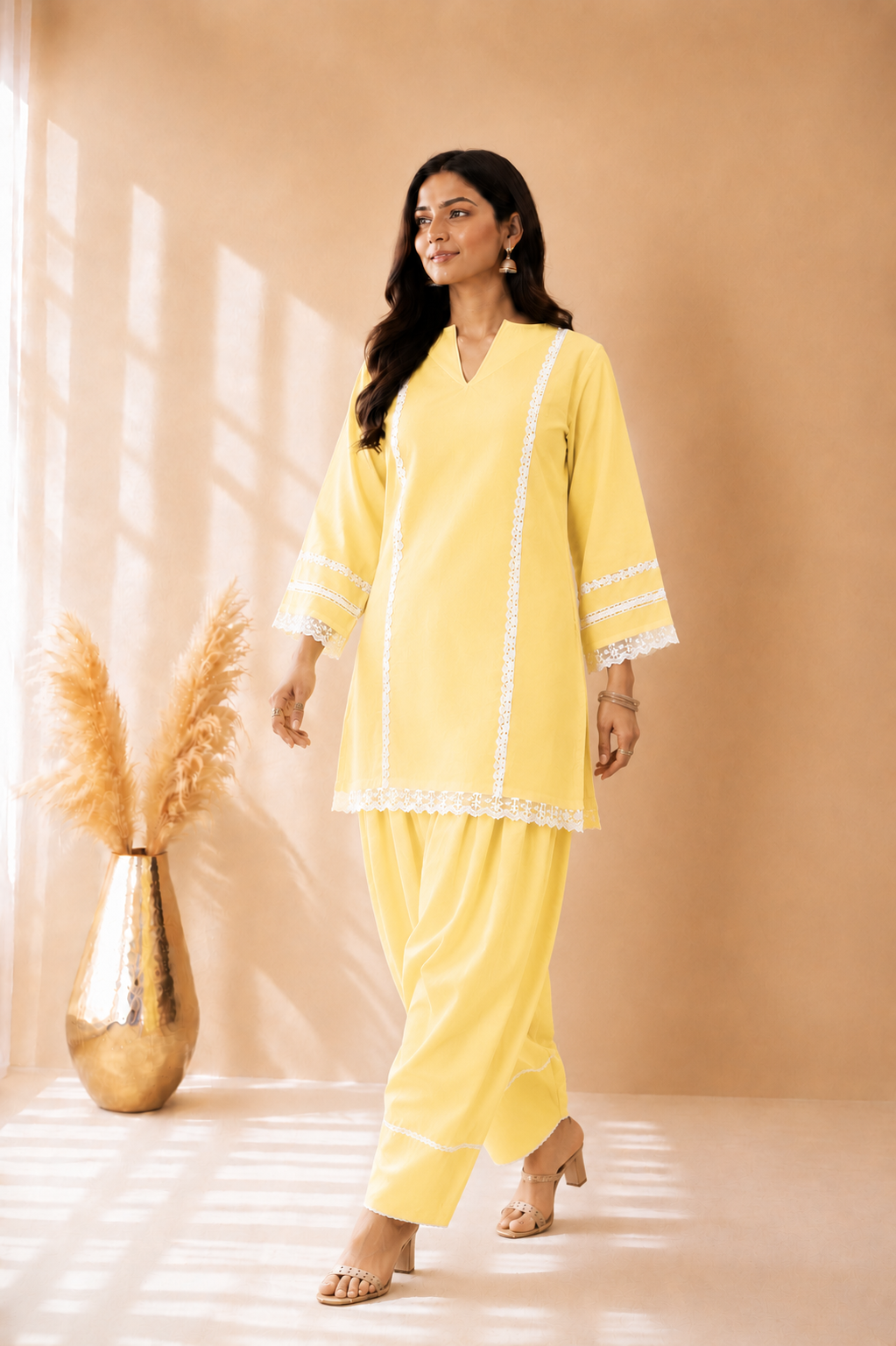 ZEIN BUTTER YELLOW COTTON DETAILED FARSHI SET