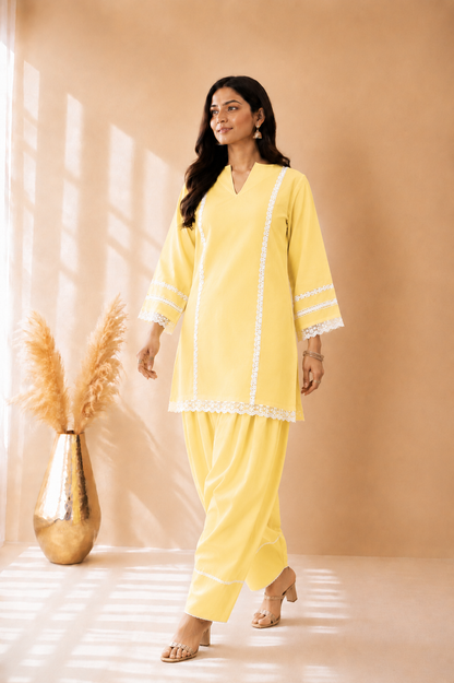 ZEIN BUTTER YELLOW COTTON DETAILED FARSHI SET