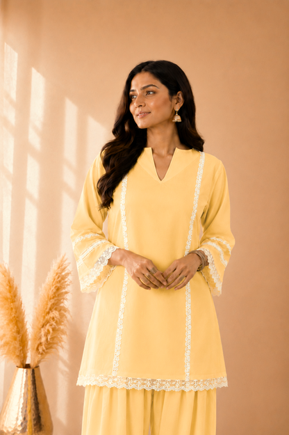 ZEIN BUTTER YELLOW COTTON DETAILED FARSHI SET