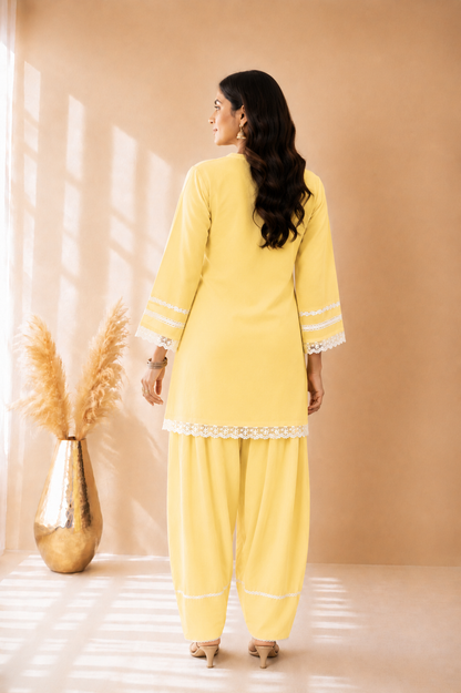 ZEIN BUTTER YELLOW COTTON DETAILED FARSHI SET
