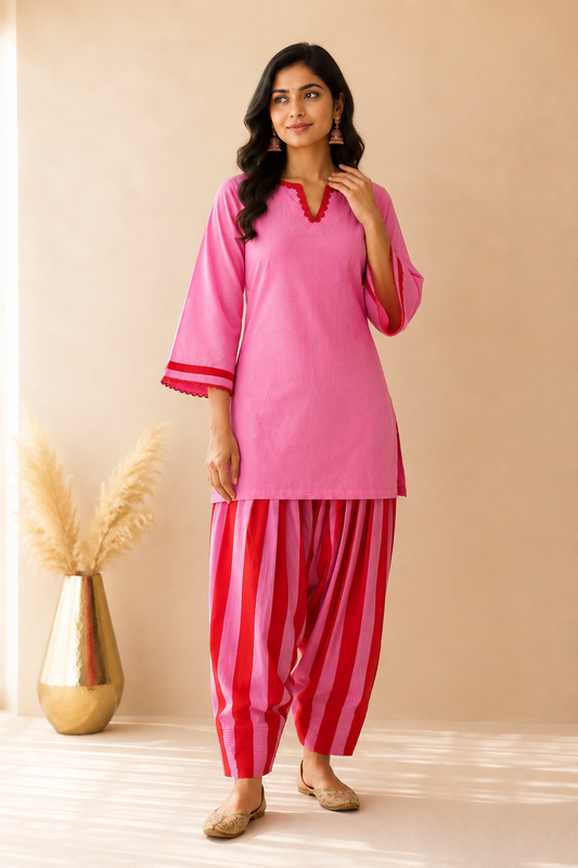 NAYAB PINK STRIPED FARSHI SET