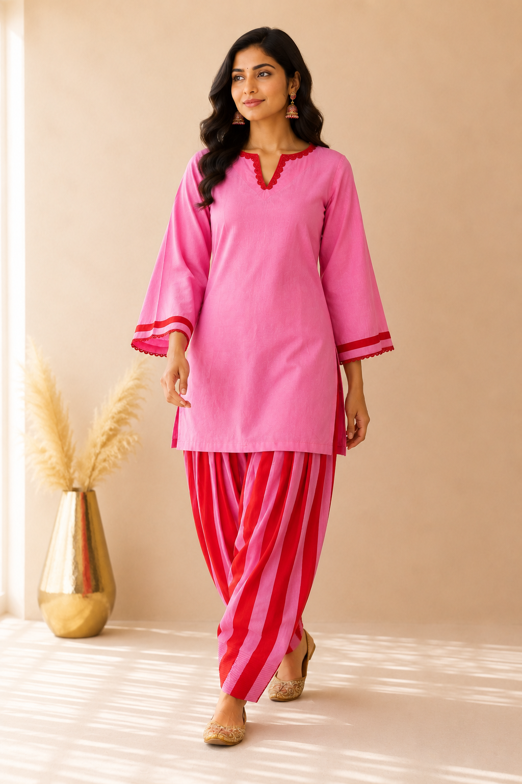 NAYAB PINK STRIPED FARSHI SET