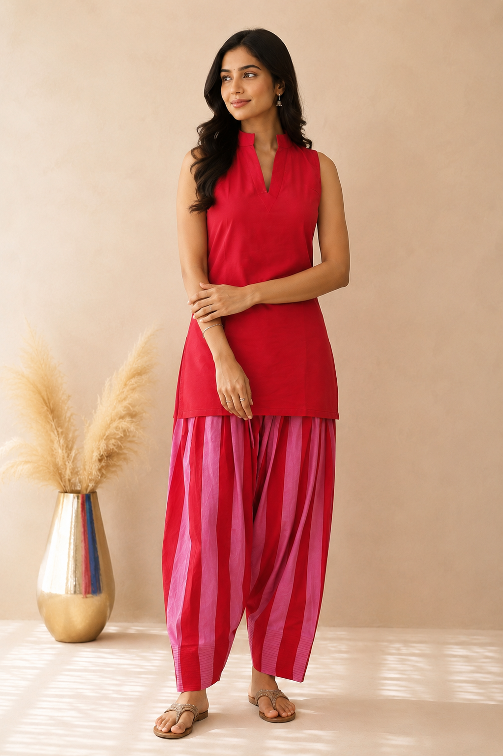 NAZNEEN RED STRIPED FARSHI SET