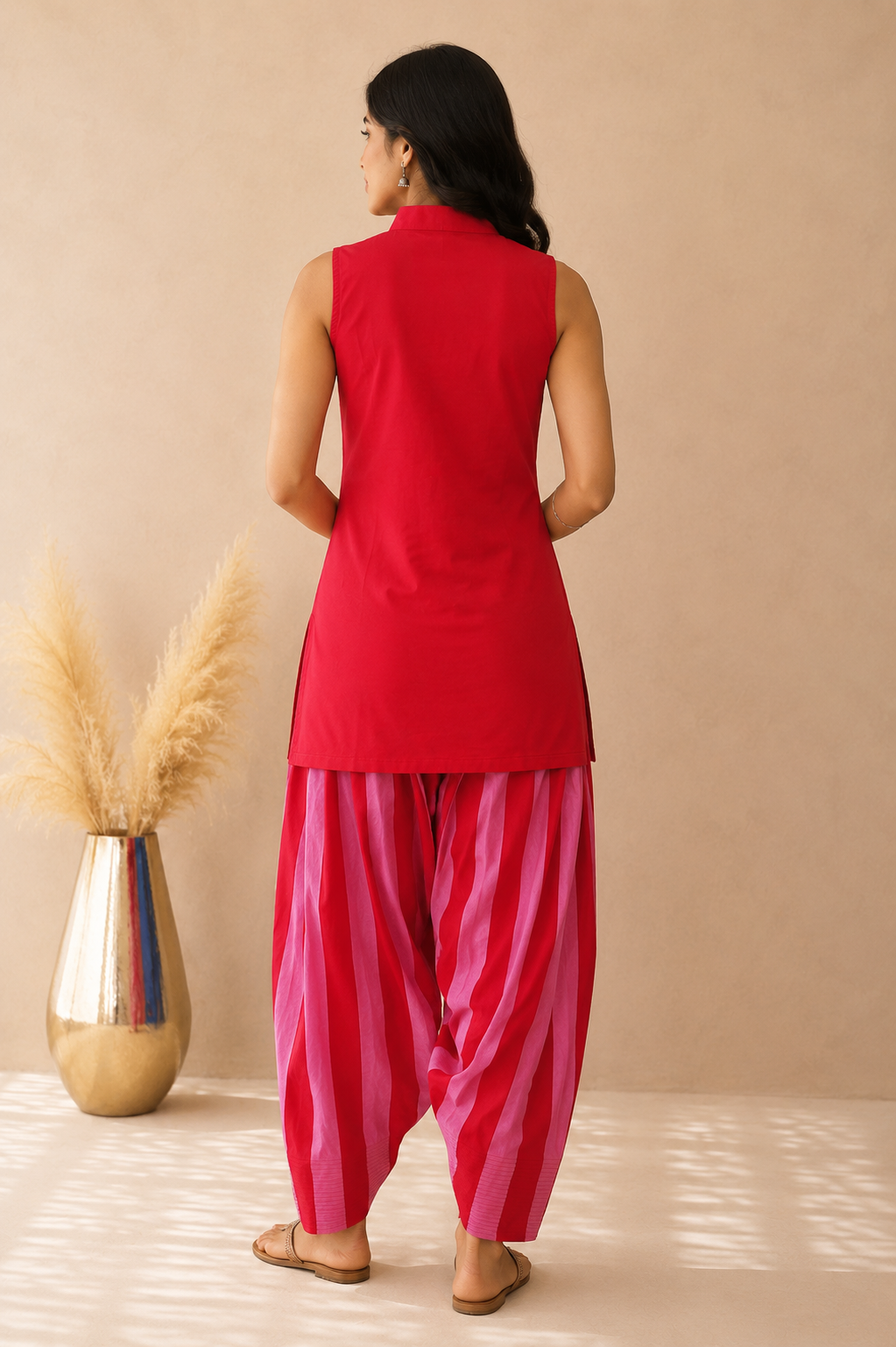 NAZNEEN RED STRIPED FARSHI SET
