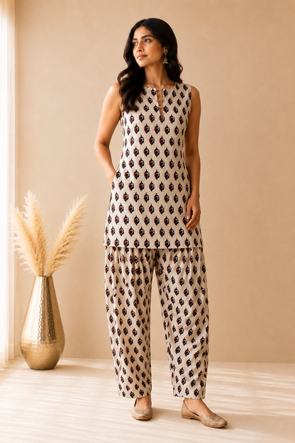 RAIZA COTTON BLOCK PRINTED FARSHI SET