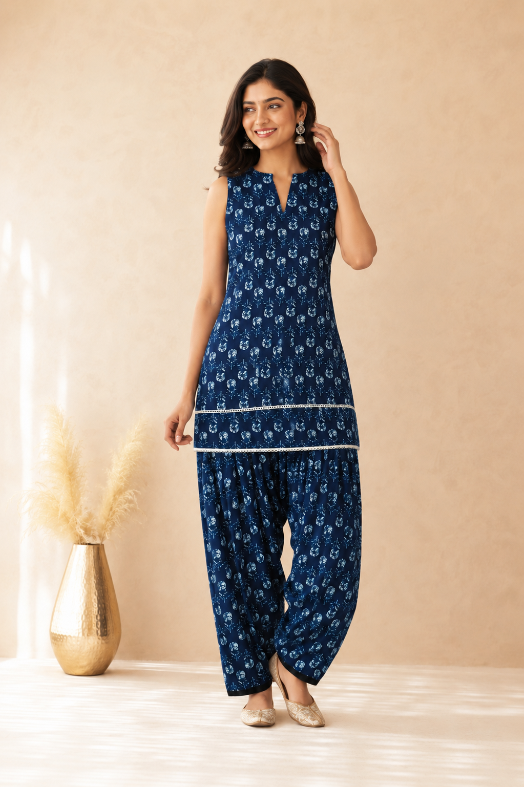 IVANYA INDIGO BLUE COTTON PRINTED FARSHI SET