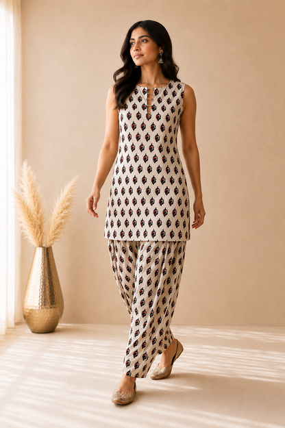 RAIZA COTTON BLOCK PRINTED FARSHI SET