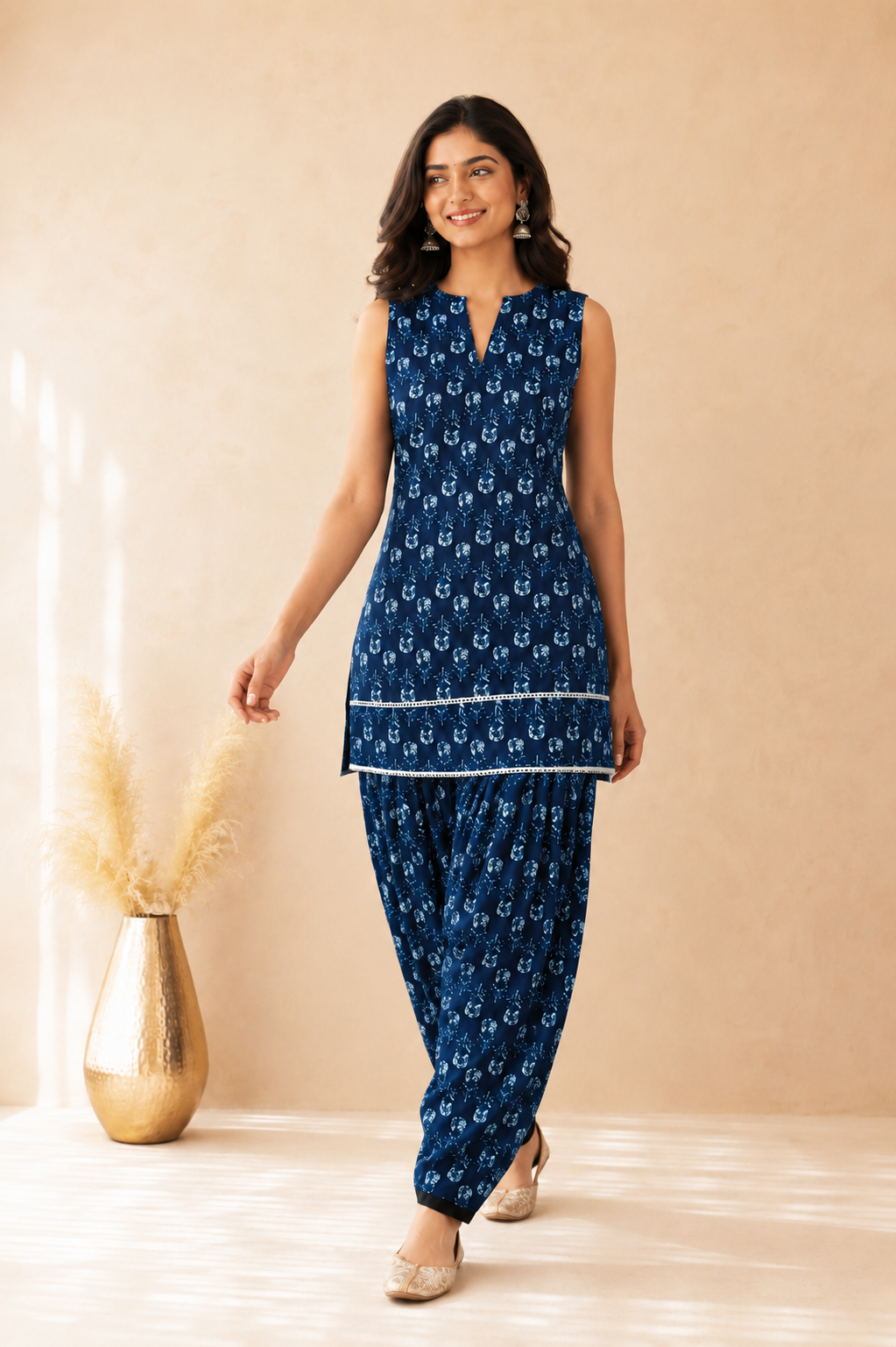 IVANYA INDIGO BLUE COTTON PRINTED FARSHI SET