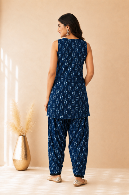 IVANYA INDIGO BLUE COTTON PRINTED FARSHI SET