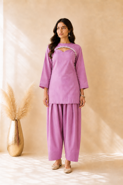 KHWAISHA MAUVE COTTON COVER UP FARSHI SET