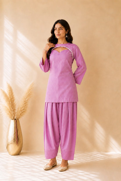 KHWAISHA MAUVE COTTON COVER UP FARSHI SET