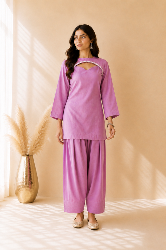 KHWAISHA MAUVE COTTON COVER UP FARSHI SET