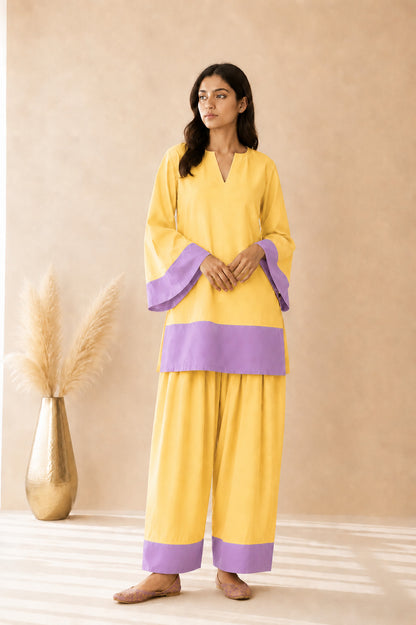 RAMEEN YELLOW & LAVENDER COLOR BLOCK FARSHI SET