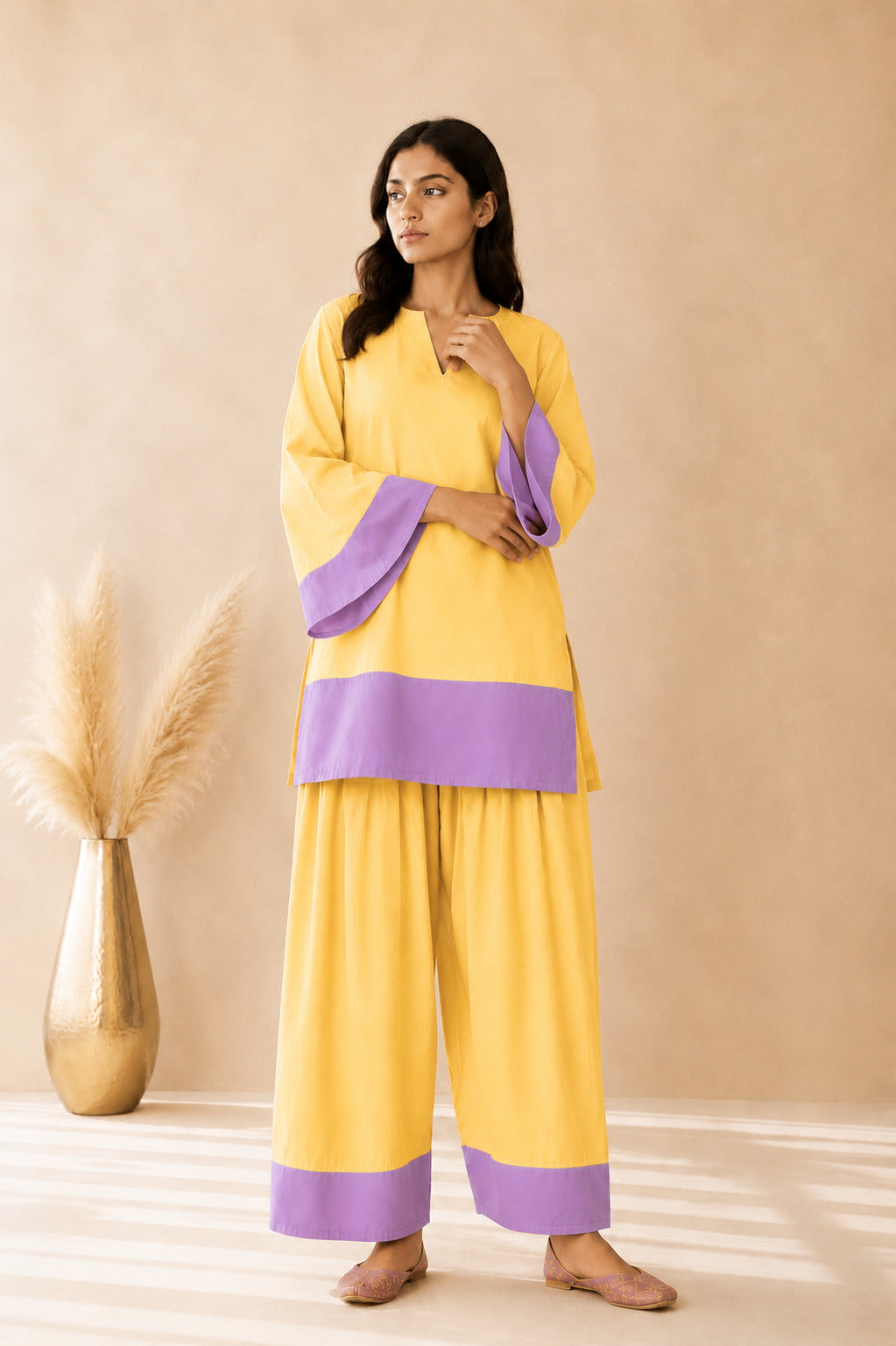 RAMEEN YELLOW & LAVENDER COLOR BLOCK FARSHI SET