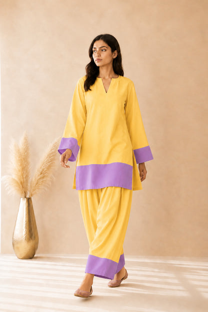 RAMEEN YELLOW & LAVENDER COLOR BLOCK FARSHI SET