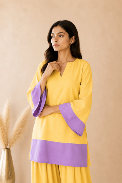 RAMEEN YELLOW & LAVENDER COLOR BLOCK FARSHI SET