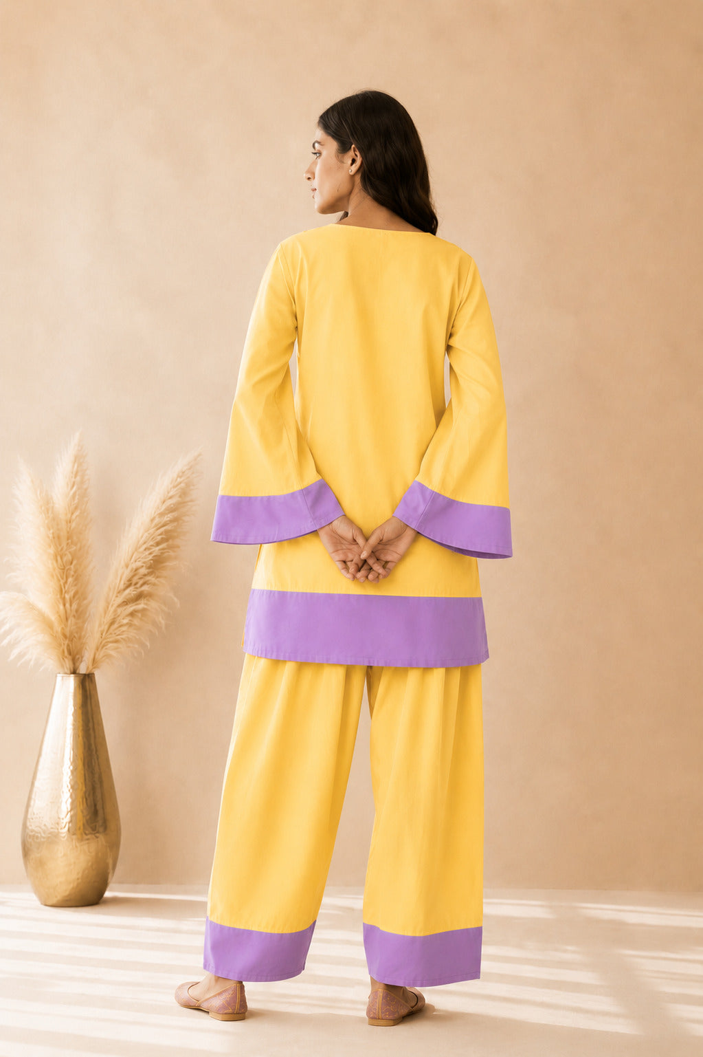 RAMEEN YELLOW & LAVENDER COLOR BLOCK FARSHI SET