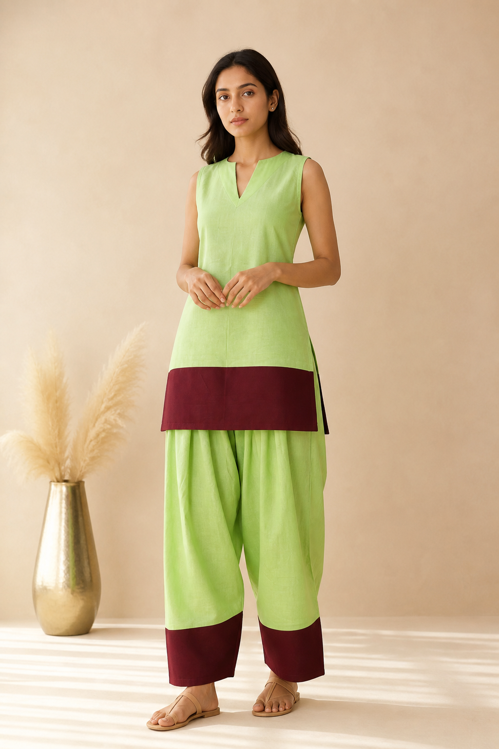 ZARYA MATCH GREEN & CHERRY COLOUR BLOCK FARSHI SET