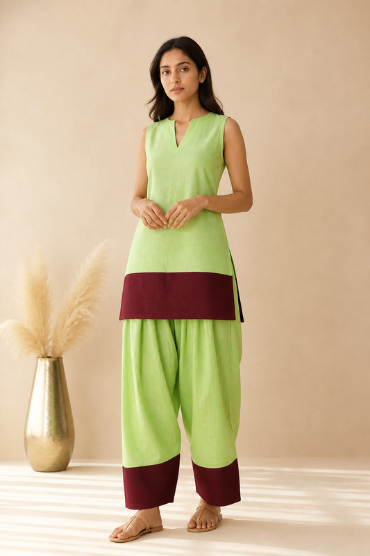 ZARYA MATCH GREEN & CHERRY COLOUR BLOCK FARSHI SET