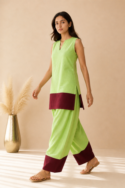 ZARYA MATCH GREEN & CHERRY COLOUR BLOCK FARSHI SET