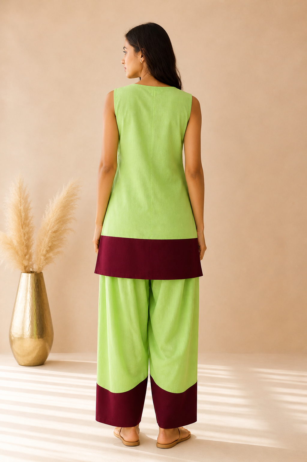 ZARYA MATCH GREEN & CHERRY COLOUR BLOCK FARSHI SET
