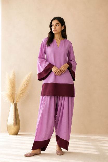 AAFIYAN MAUVE & CHERRY COLOR BLOCK FARSHI SET