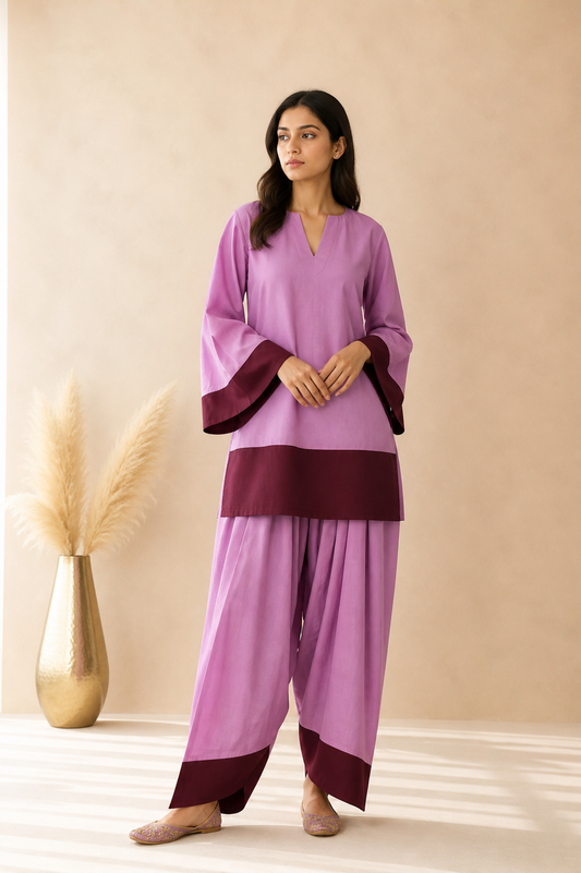 AAFIYAN MAUVE & CHERRY COLOR BLOCK FARSHI SET