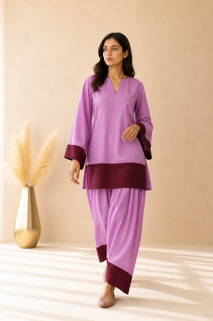 AAFIYAN MAUVE & CHERRY COLOR BLOCK FARSHI SET