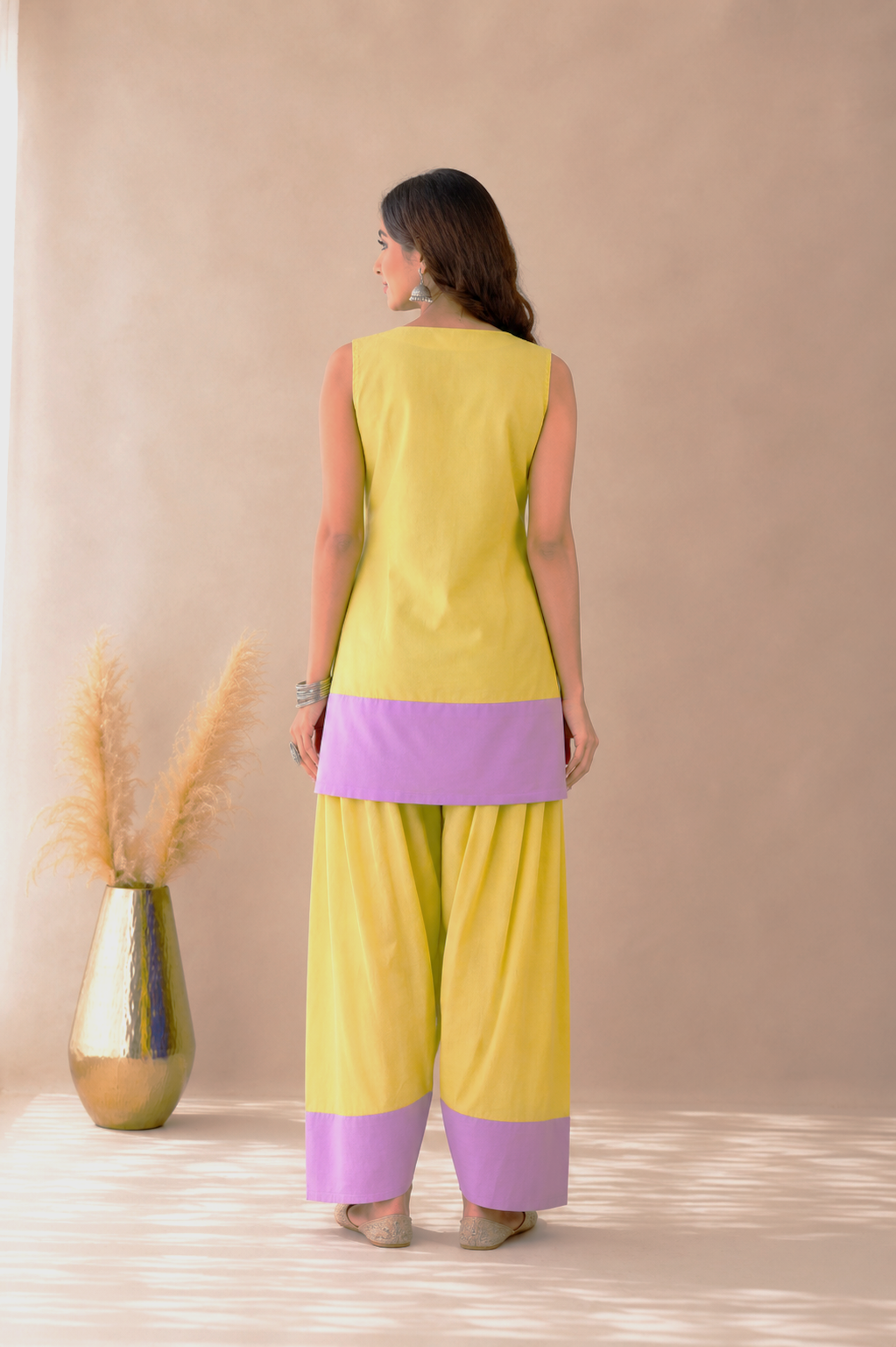 RUMAIZA BUTTER YELLOW& LAVENDER COLOR BLOCK FARSHI SET