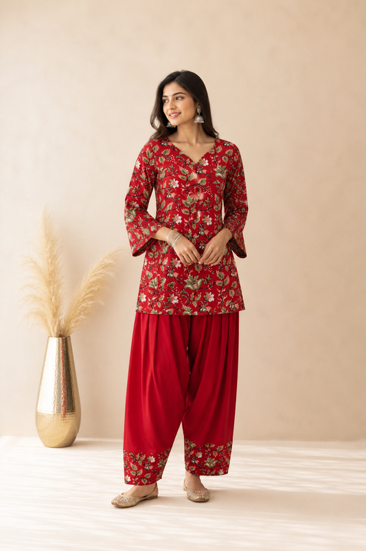 MEHRISA RED PRINTED FARSHI SET