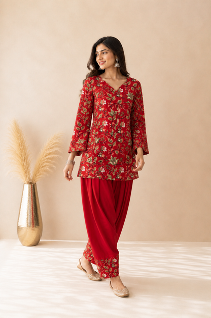 MEHRISA RED PRINTED FARSHI SET