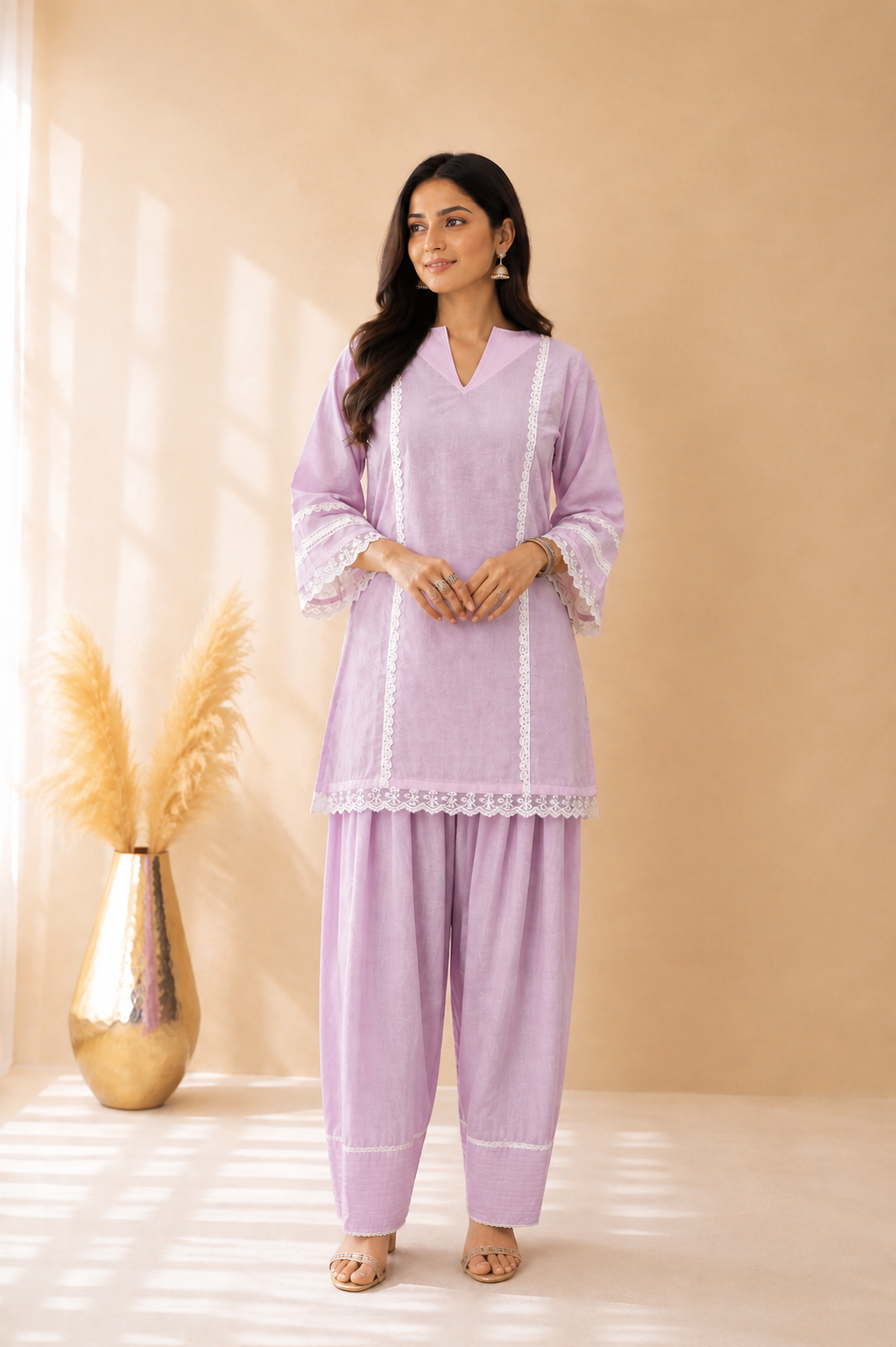 RIVAANA LAVENDER COTTON DETAILED FARSHI SET