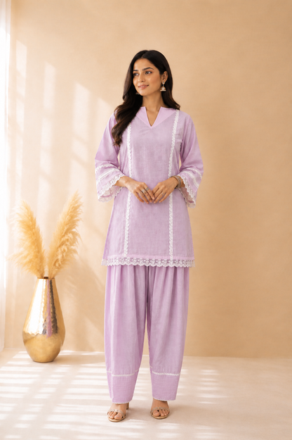 RIVAANA LAVENDER COTTON DETAILED FARSHI SET