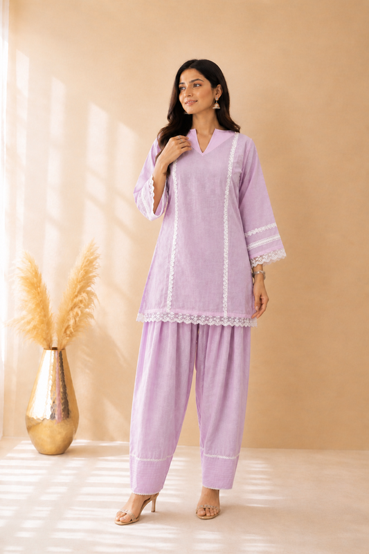 RIVAANA LAVENDER COTTON DETAILED FARSHI SET