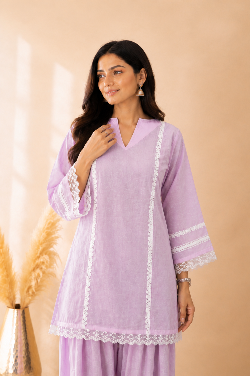 RIVAANA LAVENDER COTTON DETAILED FARSHI SET