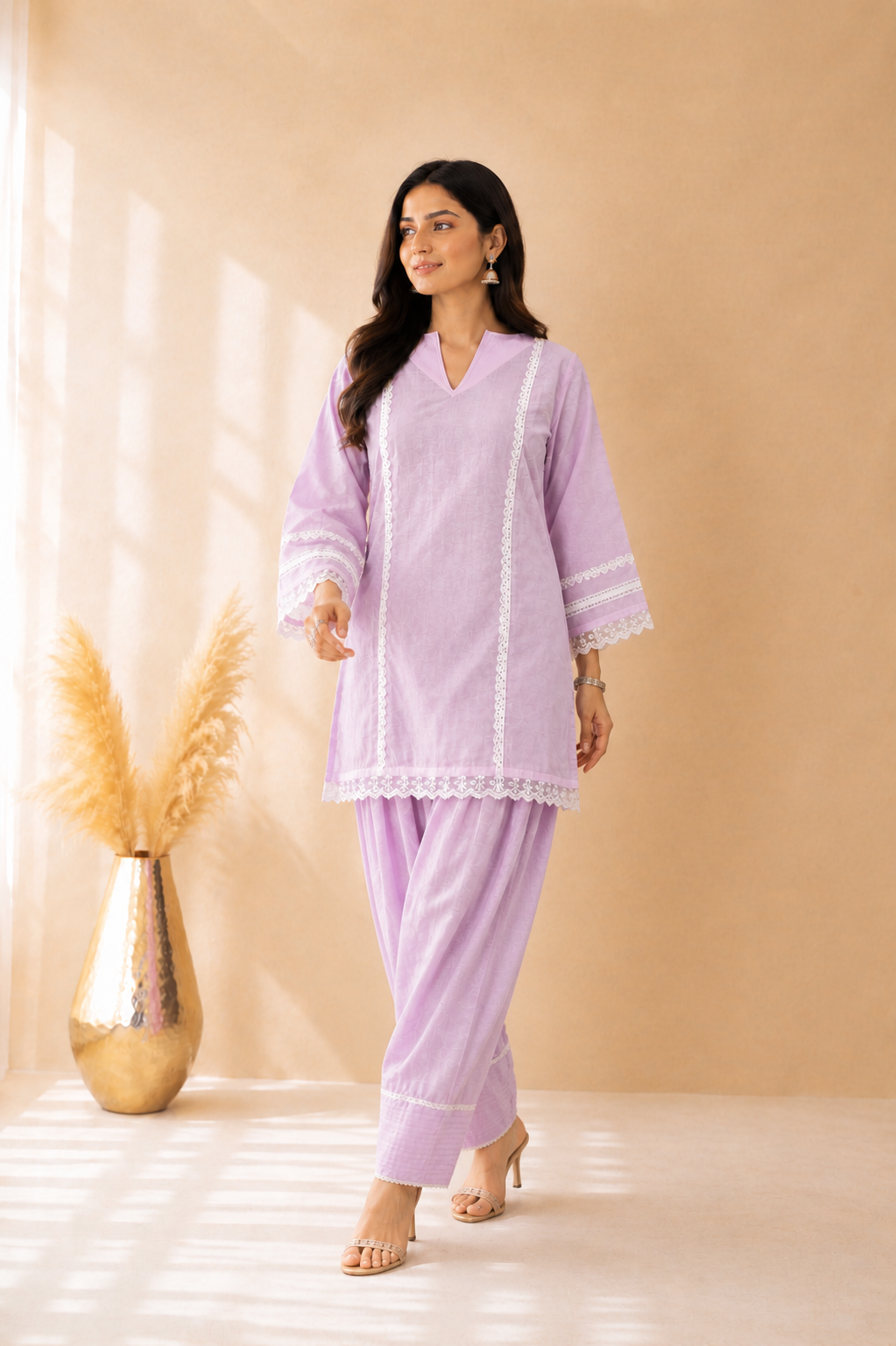 RIVAANA LAVENDER COTTON DETAILED FARSHI SET
