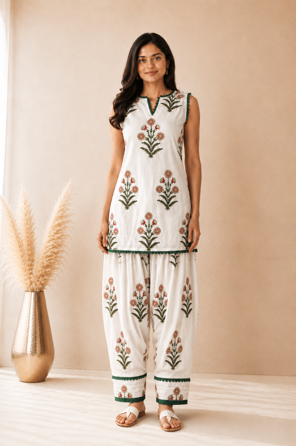 EHSARA WHITE BLOCK PRINTED FARSHI SET
