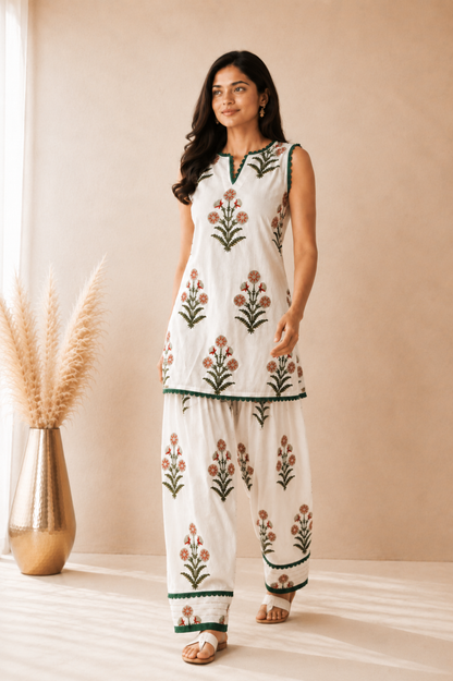 EHSARA WHITE BLOCK PRINTED FARSHI SET