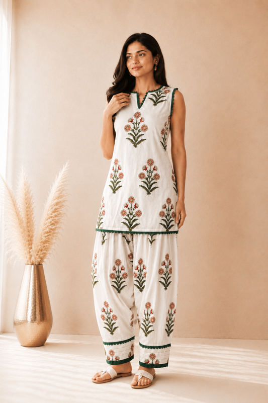 EHSARA WHITE BLOCK PRINTED FARSHI SET