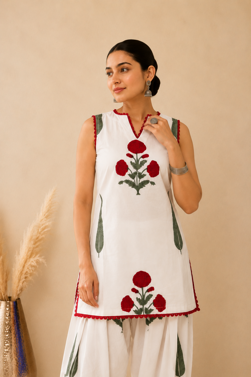 SADIA WHITE BLOCK PRINTED FARSHI SET