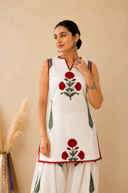 SADIA WHITE BLOCK PRINTED FARSHI SET