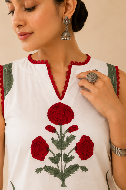 SADIA WHITE BLOCK PRINTED FARSHI SET