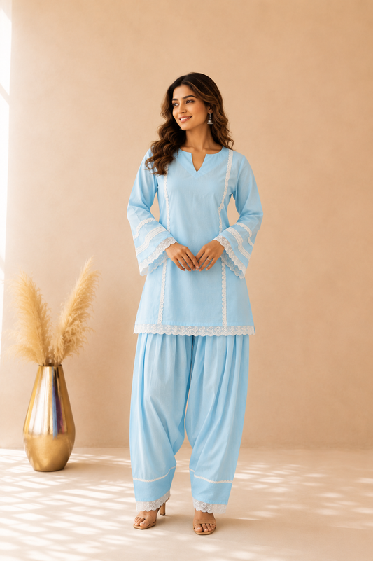 ARZU BLUE COTTON DETAILED FARSHI SET