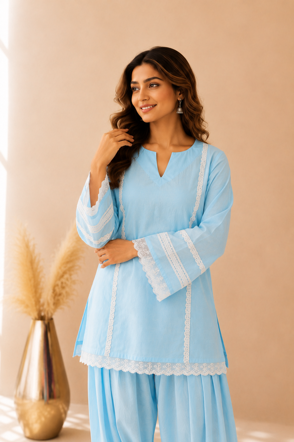 ARZU BLUE COTTON DETAILED FARSHI SET