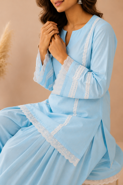 ARZU BLUE COTTON DETAILED FARSHI SET