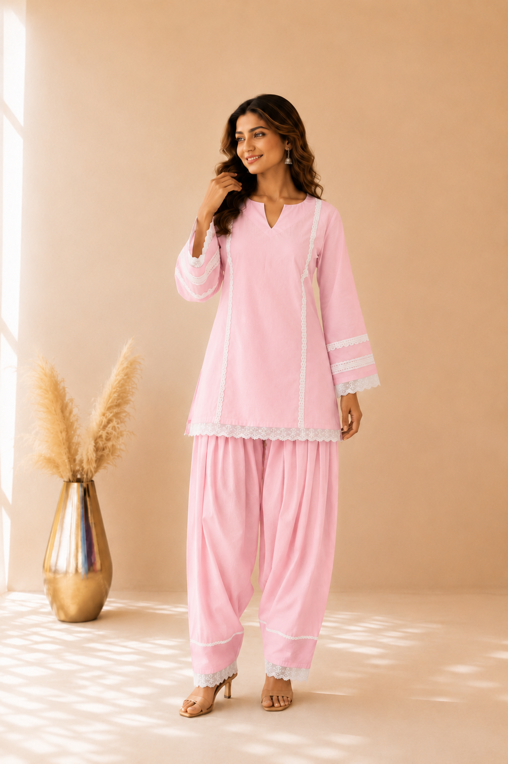 FIDA PINK COTTON DETAILED FARSHI SET